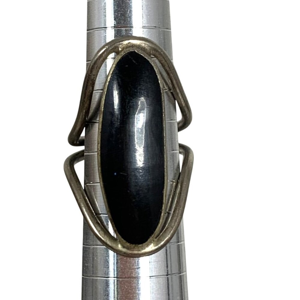 Vintage Mexican Elongated Onyx Sterling Silver Split Band Ring SZ 7, 5.58g